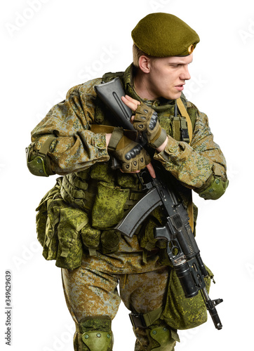 Male Russian officer in mechanized infantry uniform isolated with clipping path on white background. 