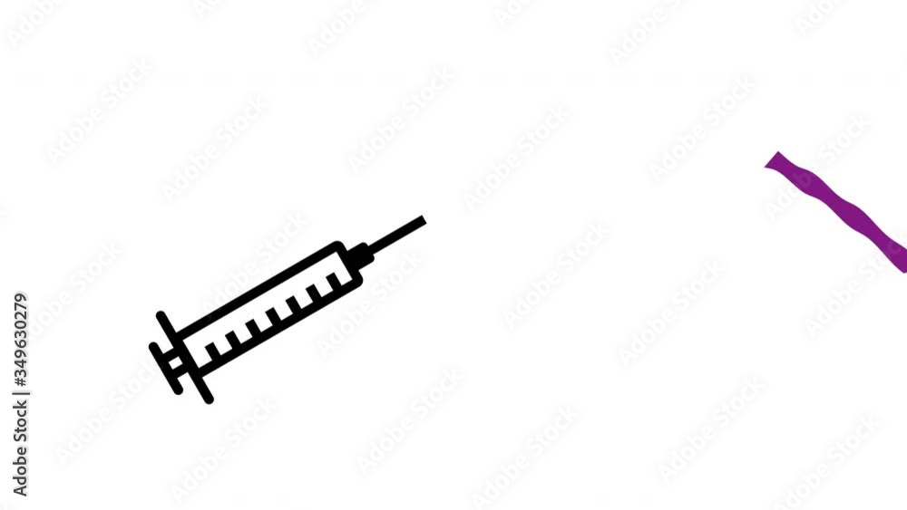 Medical needle or syringe injecting a coronavirus vaccination and squirting out a cure flat 2d animation purple Medical needle or syringe injecting a coronavirus vaccination and squirting out a cure flat 2d animation purple