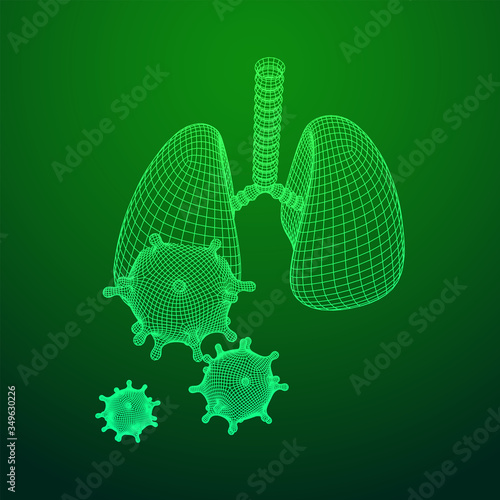 Corona Virus and Lungs with trachea bronchi internal organ human. Covid virus pulmonology medicine science concept. Wireframe low poly mesh vector illustration.