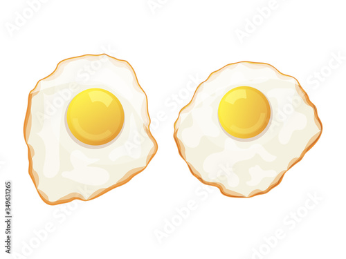 Set of fried eggs on a white background. Tasty breakfast. Isolated object on a white background. Cartoon style. Object for packaging, advertisements, menu. Vector illustration.