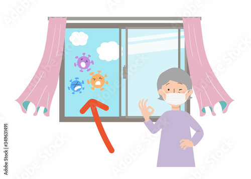 マスクをしたおばあちゃんと窓を開けて換気するベクターイラスト