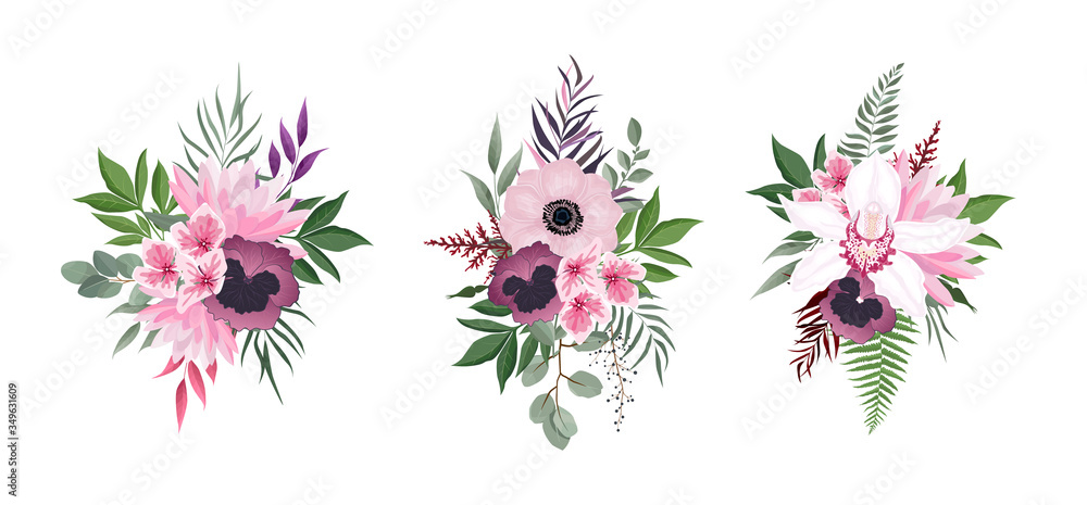 Vector flowers set. Colorful floral collection with leaves and flowers. Vector Flower bouquet.