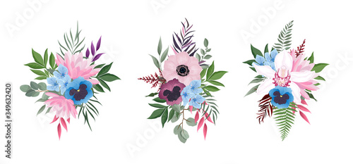 Vector flowers set. Colorful floral collection with leaves and flowers. Vector Flower bouquet.