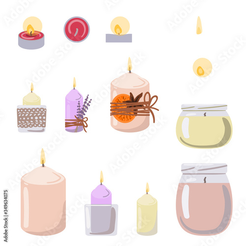 Set of aromatic candles and flames. Vector illustration.