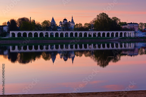 Veliky Novgorod. Russia. View of the Yaroslavl courtyard at dawn.