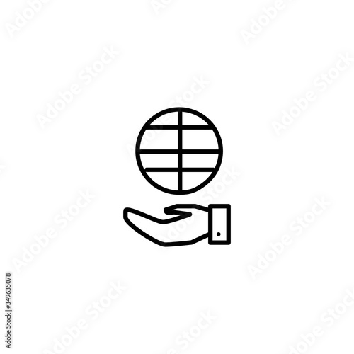 Hand holding globe icon. Saving, protecting the world sign.