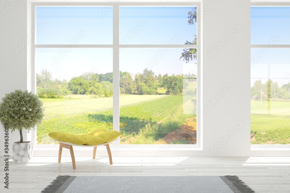 White living room with armchair and green landscape in window. Scandinavian interior design. 3D illustration White living room with armchair and green landscape in window. Scandinavian interior design. 3D illustration