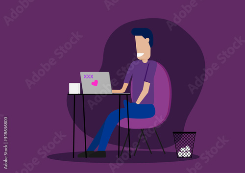 Cartoon Illustration of a Man Masturbate While Watching Porn on the Laptop