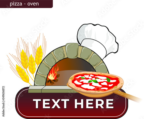 clipart of a burning wood oven with a pizza on a shovel and a chef's hat