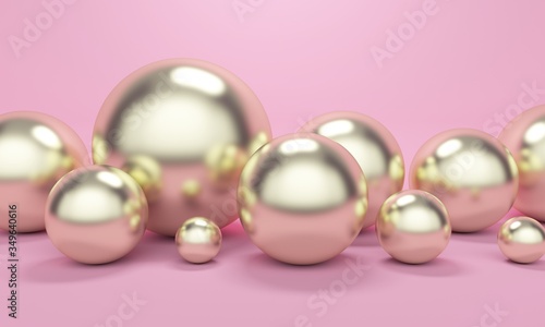 Pink abstract background with golden spheres. Backdrop design for product promotion. 3d rendering