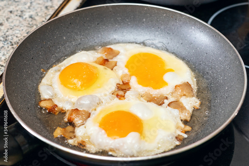 Fried eggs with bacon in a pan