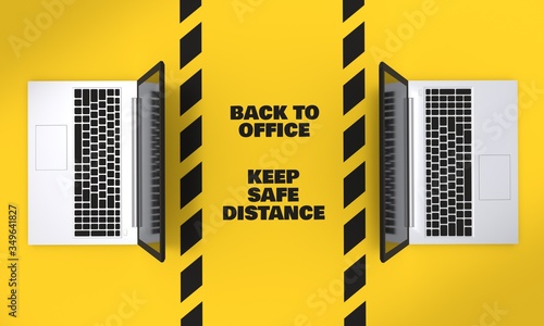 3d rendered laptops with safety zone between them saying keep safe distance, conceptual image of returning to the office, back to work post covid epidemic, social distancing at workplace, yellow bg