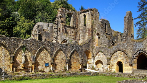 Orval Abbey. The ruins of the old cathedral next to the new Abbey of the Trappists-Cistercians of Orval, Notre-Dame d'Orval Abbey, in Willers-Devant-Orval, Luxembourg, Belgium