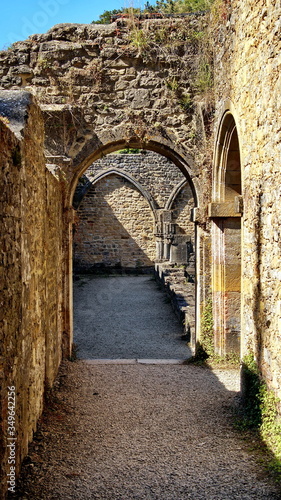 Orval Abbey. The ruins of the old cathedral next to the new Abbey of the Trappists-Cistercians of Orval, Notre-Dame d'Orval Abbey, in Willers-Devant-Orval, Luxembourg, Belgium