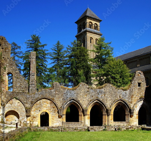 Orval Abbey. The ruins of the old cathedral next to the new Abbey of the Trappists-Cistercians of Orval, Notre-Dame d'Orval Abbey, in Willers-Devant-Orval, Luxembourg, Belgium