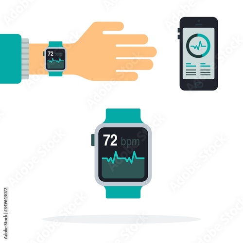 Set of fitness gadgets, bracelet on hand, smartphone with an application vector icon flat isolated.