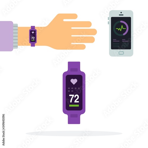 Heart rate on fitness bracelet, heartbeat chart on phone Fitness trackers vector icon flat isolated.