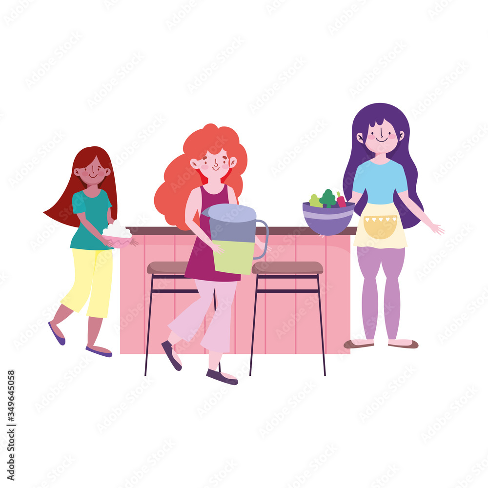 people cooking, girls with juice jar vegetables and cream in the kitchen people cooking, girls with juice jar vegetables and cream in the kitchen
