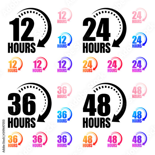 8, 12, 24, 48 and 72 hours clock arrow vector icons. Delivery service, online deal remaining time website symbols. Vector illustration.