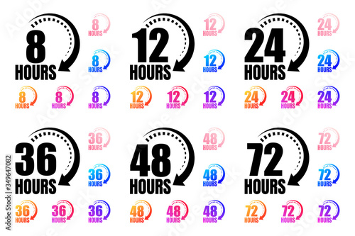 8, 12, 24, 36, 48, 72 hours customer service. Round the clock support symbol. Round colourful icons. Vector illustration.