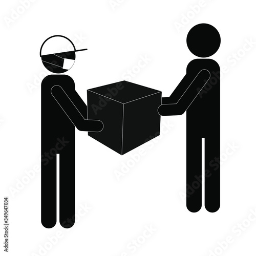 Safe delivery concept icon. Silhouette of a courier with protection mask, parcel and a consignee, customer. 
Home delivery vector icon isolated on white background. EPS 10