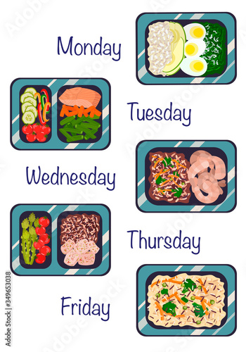Vector illustration with a prepared meal. A portion of food in a container, snacks, and vegetables. Nutrition for a healthy lifestyle. Healthy food. One week meal prep.