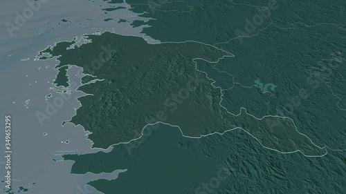 Chungcheongnam-do, province with its capital, zoomed and extruded on the administrative map of South Korea in the conformal Stereographic projection. Animation 3D photo