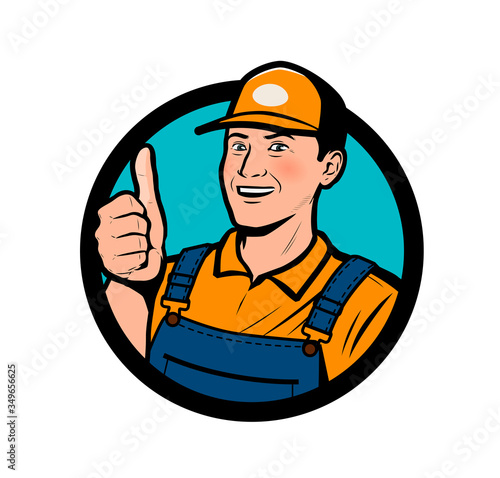 Service logo. Happy man showing thumbs up vector illustration