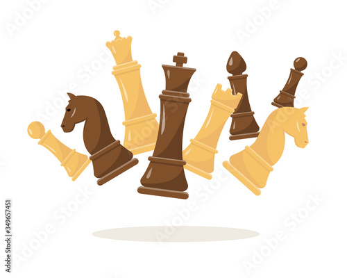 Fluing chess figures on white background.