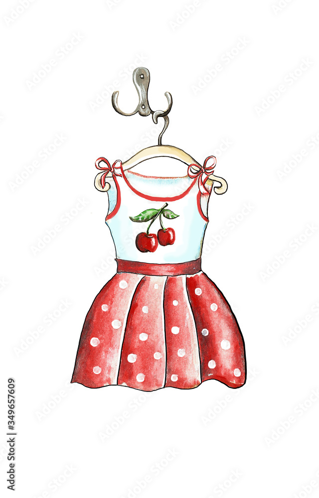 The baby’s dress is red in white peas, hung on a hanger, with a cherry on it. The illustration is isolated on a white background, painted with acrylic paints The baby’s dress is red in white peas, hung on a hanger, with a cherry on it. The illustration is isolated on a white background, painted with acrylic paints