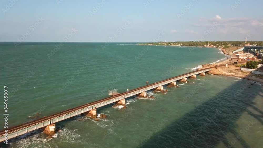Rameshwaram, India. View of Pamban bridge in Rameshwaram. First indian bridge, which connects Pamban island and mainland India. Rameshwaram, India. View of Pamban bridge in Rameshwaram. First indian bridge, which connects Pamban island and mainland India.