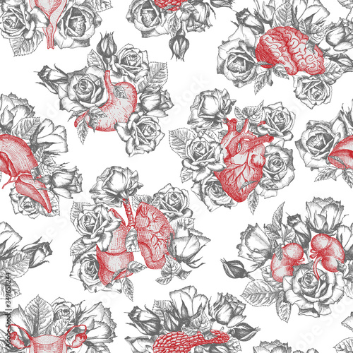 Seamless pattern Realistic hand-drawn icon of human internal organ with bouquet roses on chalkboard and flower frame. Sketch Engraving style. Design concept for medical posters, tattoos