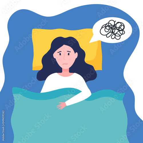 Young woman suffer from insomnia. Sleepy girl can not sleep because of mental problems. Female try to sleep on pillow and under blanket. Flat vector concept of stress, depression, nightmares