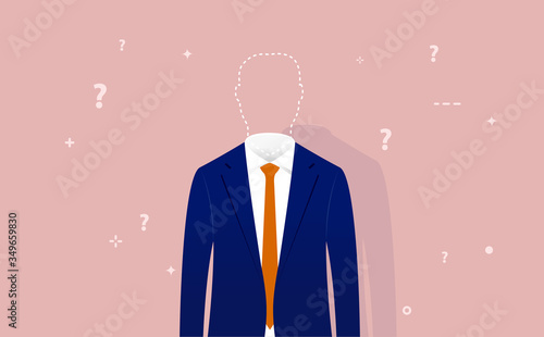 Identity crisis - anonymous man with no personality whose head is replaced with dotted line. Question marks flying around. Loosing yourself or oneself concept. Vector illustration.