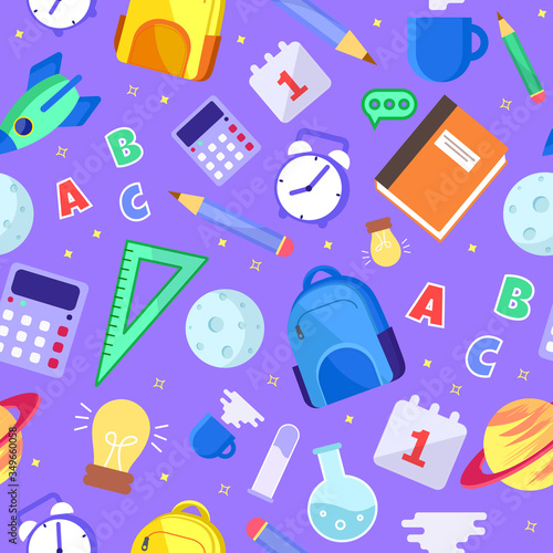 Vector seamless pattern in cartoon style with school objects. Pattern with a globe, books, rulers, pencils, buttons and other objects. Back to school. Conceptual background