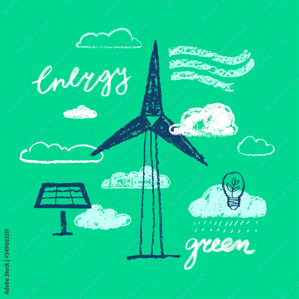 Green energy concept in a freehand naive style. Vector illustration of ...