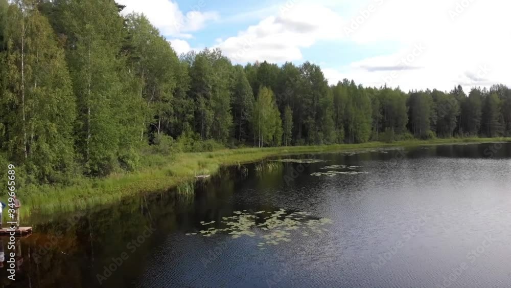 Aerial shots of fishermen with fishing rods on a forest lake. Low altitude flight Aerial shots of fishermen with fishing rods on a forest lake. Low altitude flight