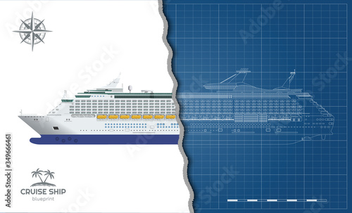 Isolated blueprint of cruise ship. Side view. Realistic 3d liner. Detailed drawing of modern marine vessel. Sea travel transpotation