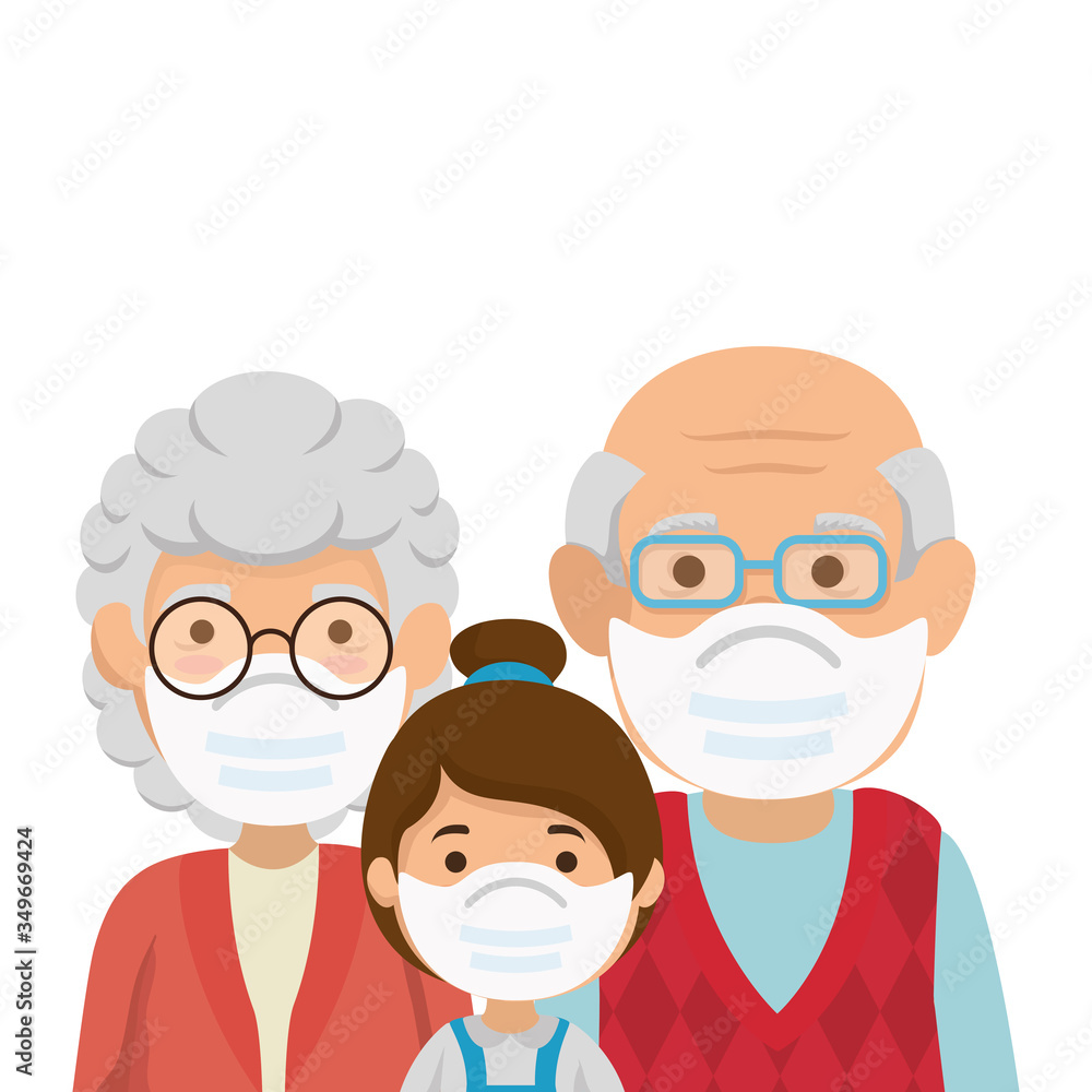 grandparents with granddaughter using face mask vector illustration design