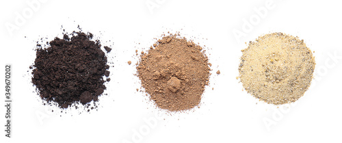 Different types of soil on white background