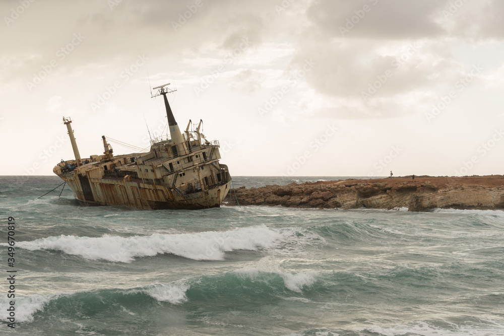 Abandoned shipwreck Edro at sunset in Peja near Paphos, Cyprus