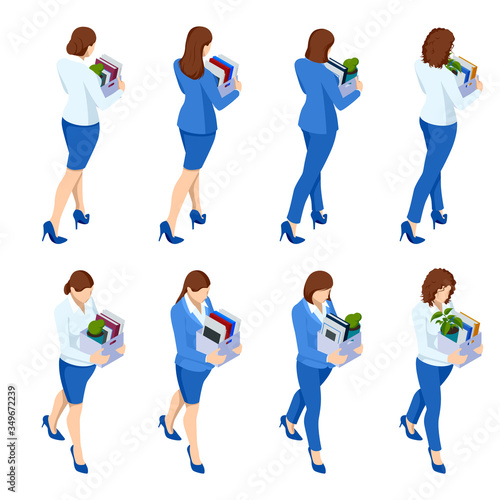 Isometric set of dismissed frustrated business person holding a box with his things. Unemployment, crisis, jobless and employee job reduction