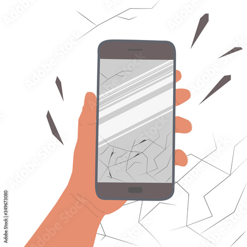 Hand holds smartphone with a cracked screen. Glass fragments scattered to the sides. Damage to the touch screen of the mobile phone. Broken glass. Vector illustration isolated on a white background.