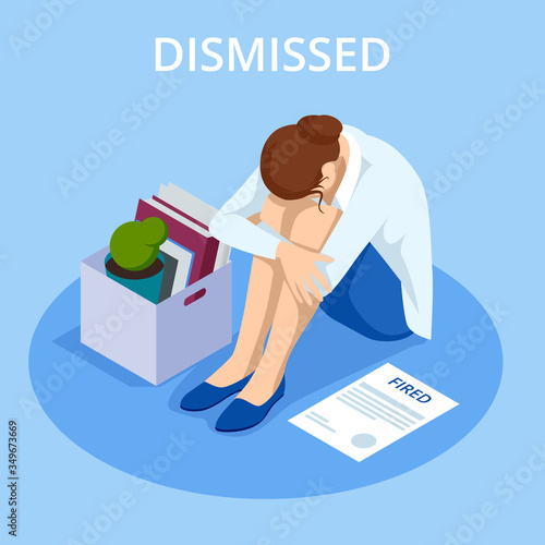 Isometric dismissed frustrated business person holding a box with his things. Unemployment, crisis, jobless and employee job reduction
