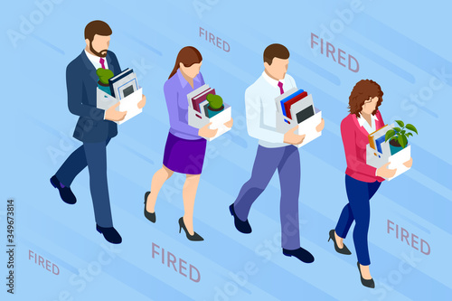 Isometric dismissed frustrated business person holding a box with his things. Unemployment, crisis, jobless and employee job reduction