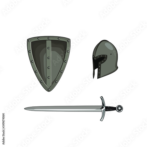 Metal middle age armour set. Steel knight helmet, shield, sword, blade. Vector graphic illustration. Isolated white background