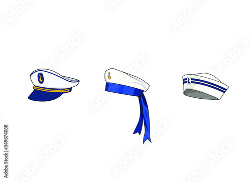 Marine hat set. Sea forces captain cap, sailor hat. Boat crew uniform. Vector graphic illustration isolated