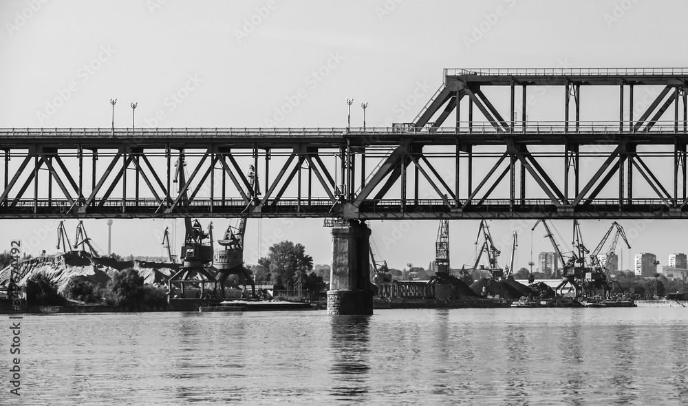 Danube Bridge, black and white photo. Steel truss bridge Danube Bridge, black and white photo. Steel truss bridge