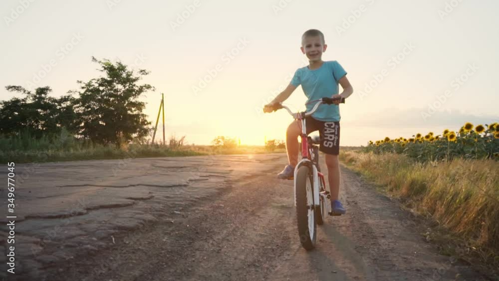 Children's cycling. Active summer vacation. Happy boy on his bike outside the city. A child rides near a field of sunflowers. A child rides a bicycle on a country road. Children's cycling. Active summer vacation. Happy boy on his bike outside the city. A child rides near a field of sunflowers. A child rides a bicycle on a country road.