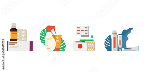 Set of medicines. Tablets, spray, sunscreen, capsules, dragees and drops.